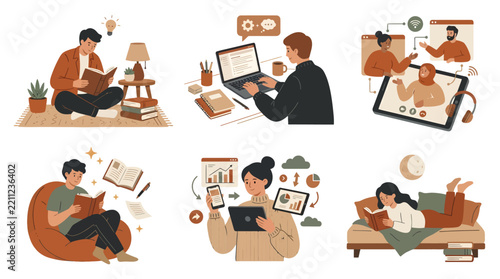Set of illustrations depicting people engaged in various learning, working, and reading activities at home.