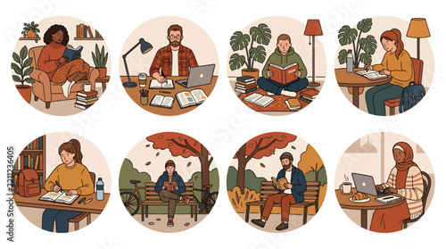 Set of diverse people reading books and working on laptops in cozy indoor and outdoor settings.
