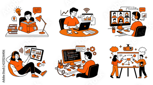 Set of flat vector illustrations showing people working studying and collaborating in modern office environments.