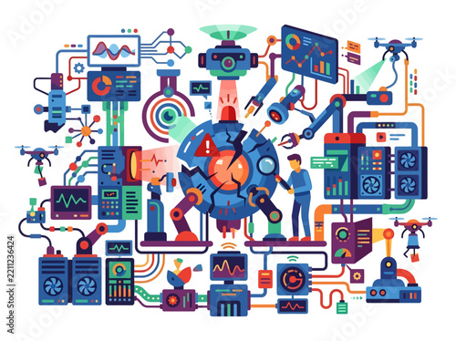 Complex industrial automation system with robotic arms and digital monitoring technology.