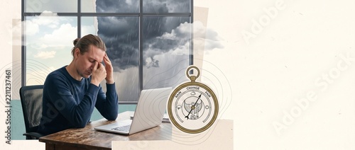 Weather-sensitive man with headache working on laptop during stormy weather, illustrating meteosensitivity, barometric pressure changes, fatigue and reduced wellbeing