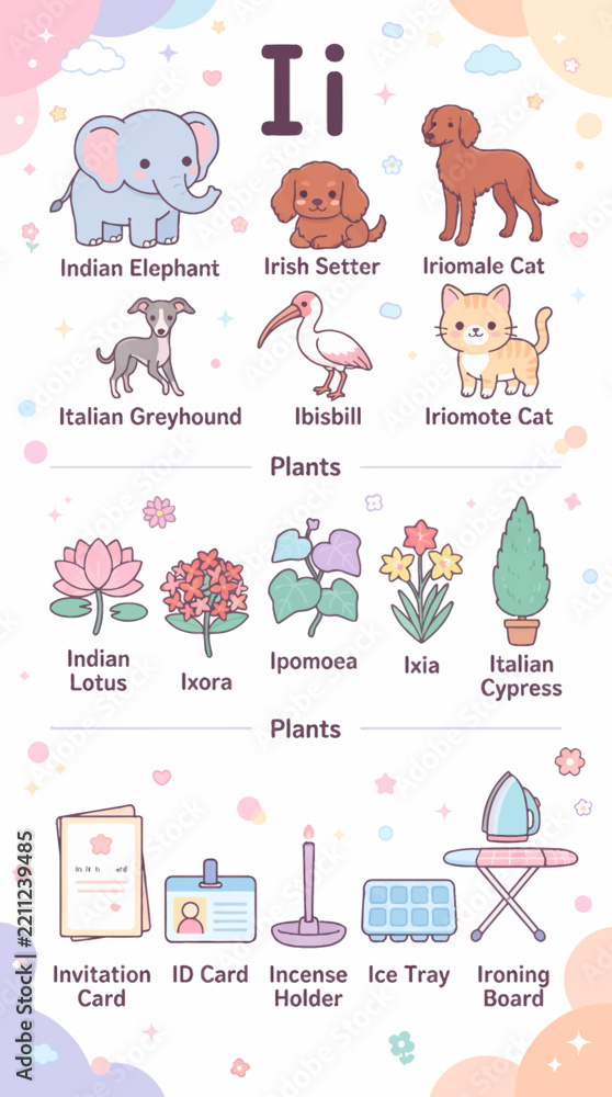 Obraz premium Educational alphabet letter I chart featuring cute animals plants and objects designed by alevidhanu