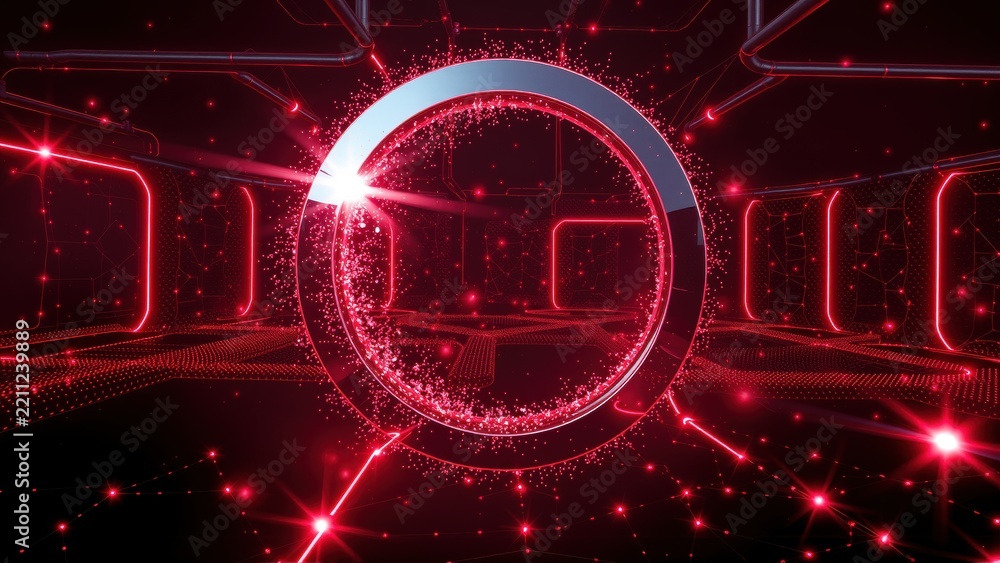Fototapeta premium Futuristic tunnel, glowing red lines, digital zero center. Complex network, vibrant particles, dark background creates depth.