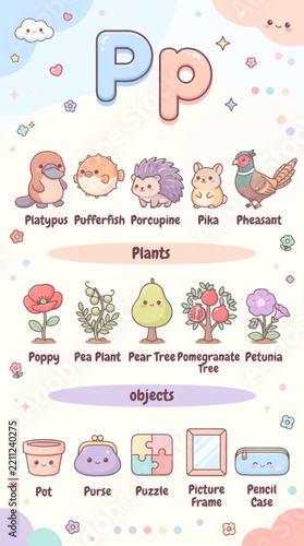 Charming preschool alphabet poster design for letter P, featuring cute animals, plants, and objects in a delightful, educational layout, design by alevidhanu