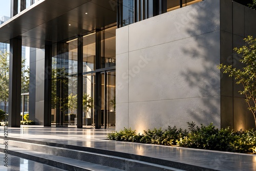 Modern Office Building Entrance with Large Blank Concrete Wall for Outdoor Branding