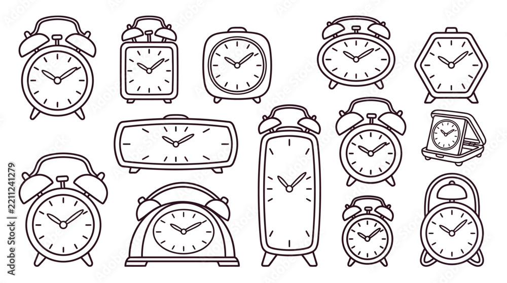 Fototapeta premium Hand Drawn Alarm Clock Doodle Illustrations in Varied Line Art Designs
