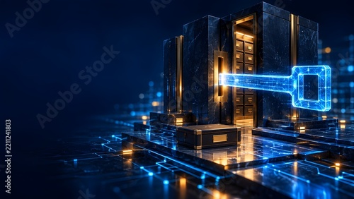 Digital Key Unlocking Secure Data Vault with Glowing Circuits