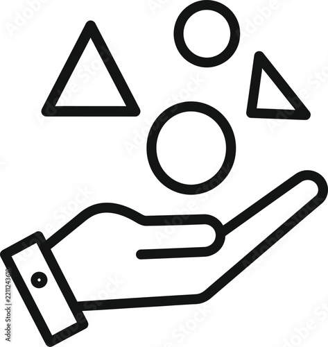 Hand holding floating geometric shapes like triangles and circles with hand gesture