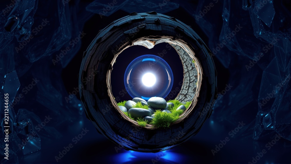 Fototapeta premium Dark scene features circular structure. Bright light emanates from interior, revealing rocks, moss, tunnel. Futuristic elements surround it.