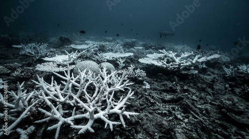 Bleached coral reef underwater representing ocean acidification and climate change effects on marine ecosystems in deep blue water
