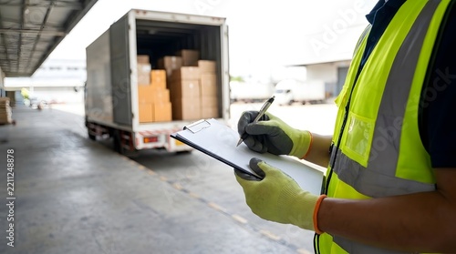 Logistics worker in yellow vest writing on clipboard while checking cargo inside truck.