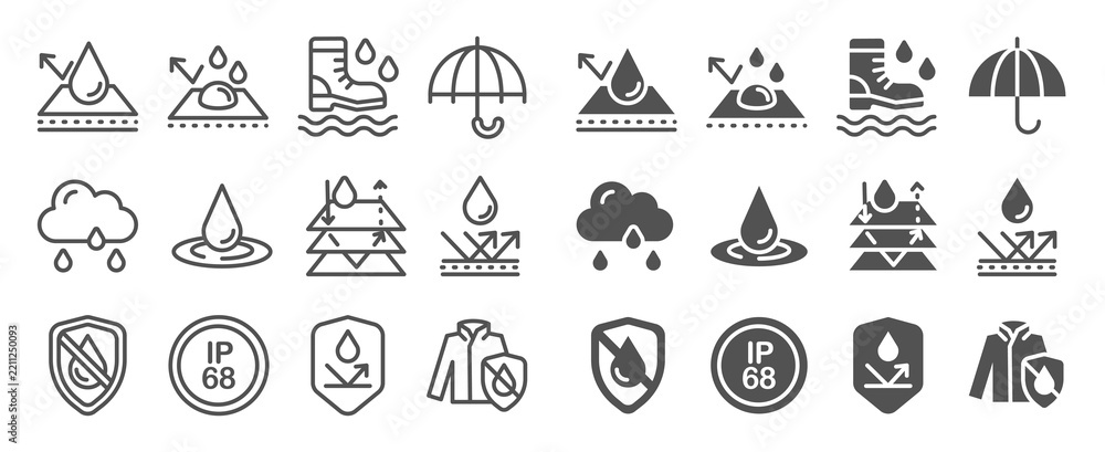 Fototapeta premium Set of round icons with water-resistant pictograms. Vector illustration of moisture shield symbol with cloud and rain drops for fabric, rain gear, and weather-resistant surfaces, protection level sign