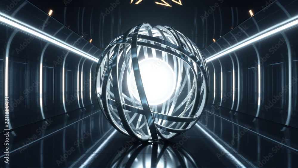Fototapeta premium Futuristic tunnel contains glowing sphere, metallic cage structure. Reflections dominate dark, sleek environment. Minimalist design.