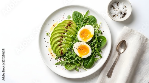 Healthy breakfast plate featuring sliced ripe avocado, soft boiled eggs, and fresh mixed salad greens.