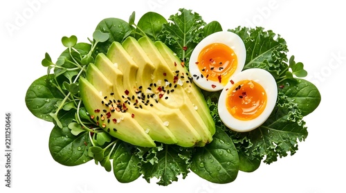 Fresh avocado slices and boiled eggs served on a bed of mixed green leafy vegetables.