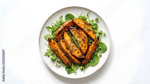 Delicious roasted sweet potato wedges served on a bed of fresh green salad on a white plate.