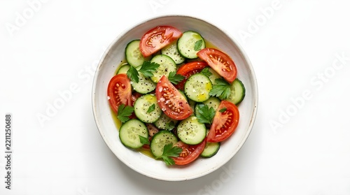 Fresh cucumber and tomato salad served in a white bowl on white background top view.