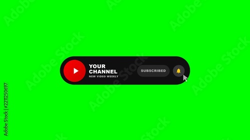 High contrast 4K animated YouTube subscribe button bar with cursor click, subscribed checkmark state change, and ringing bell notification on chroma key green screen.