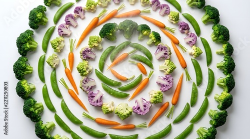 Fresh organic vegetables arranged in a colorful spiral pattern on white background.