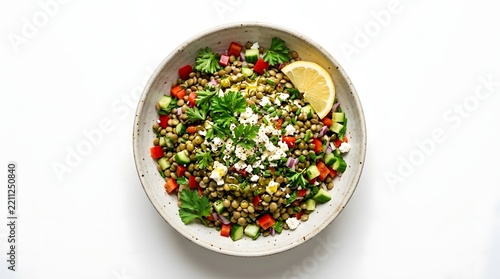 Fresh lentil salad with vegetables, herbs, cheese and lemon in a bowl on a white background.