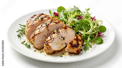 Delicious grilled chicken breast fillet sliced on a white plate with fresh green salad.