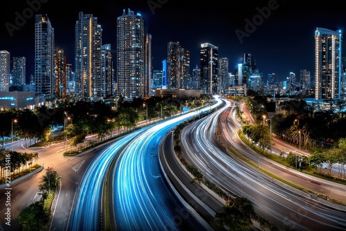 City highway at night with light trails