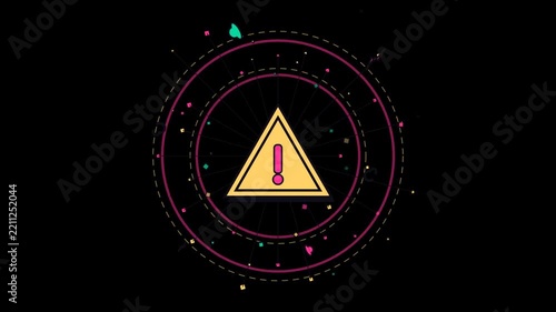 Warning sign with geometric glowing circles and particles on dark background