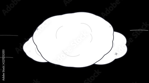White fluffy clouds on a black background with subtle stars and lines