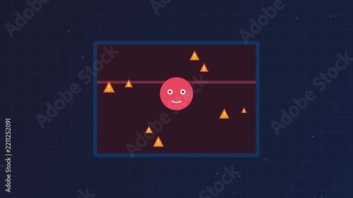 Worried red character surrounded by warning signs on dark background