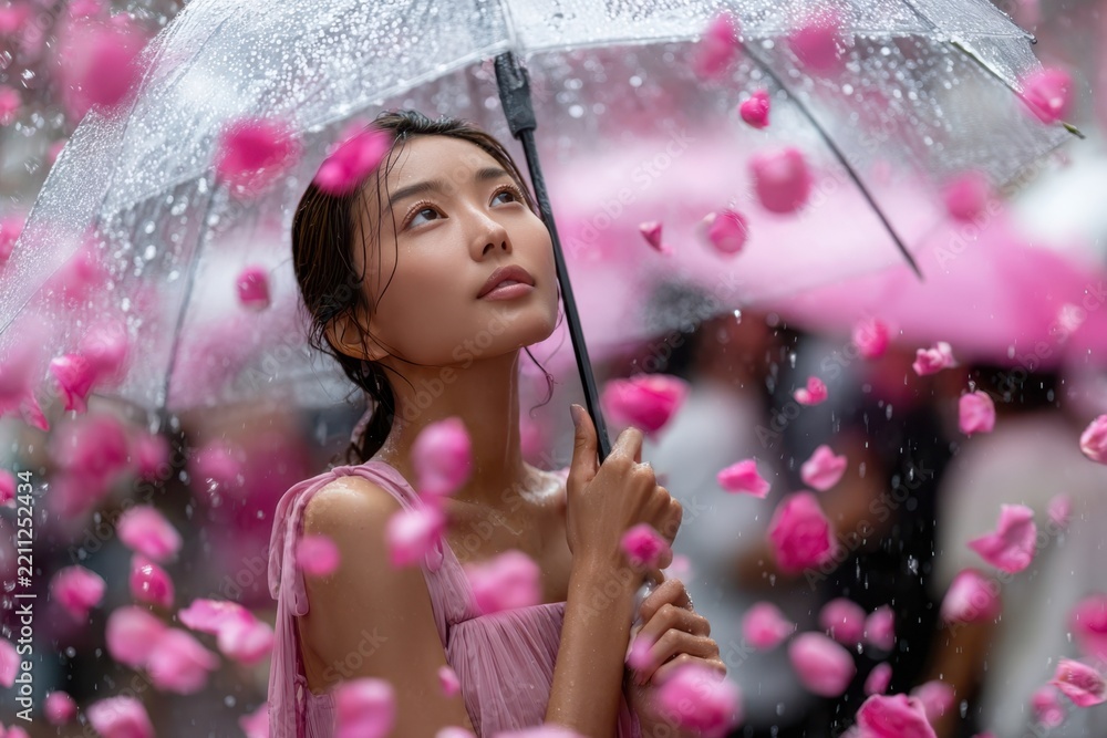 Fototapeta premium Young woman holds umbrella under pink flower petals in rainy urban setting