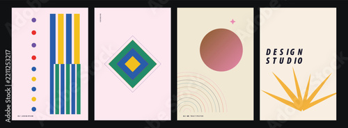 Set of creative minimalist abstract poster design templates featuring geometric shapes and contemporary artistic style compositions
