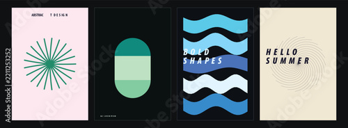 Set of abstract minimalist poster design templates featuring geometric patterns and modern graphic shapes for creative brand identity and wall art
