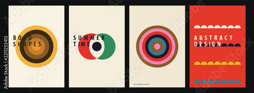 Minimalist geometric poster design set featuring vibrant abstract shapes and retro inspired patterns for modern interior wall art and creative display
