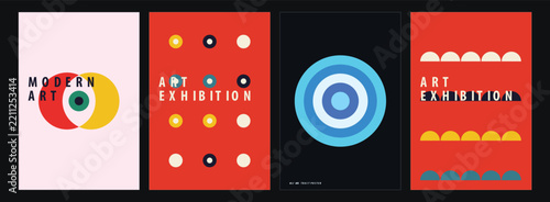 Set of contemporary minimalist poster design featuring geometric shapes and abstract patterns for art gallery event advertisement