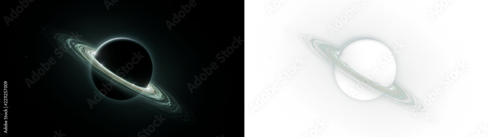 Fototapeta premium A cinematic view of a ringed planet in deep space, featuring a glowing celestial body surrounded by detailed planetary rings against a dark cosmic backdrop isolated on transparent background
