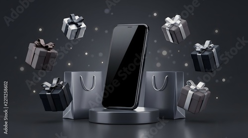 Modern smartphone on display pedestal with floating gift boxes and shopping bags