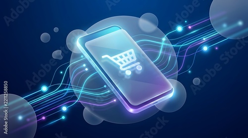 Modern smartphone with glowing shopping cart icon and abstract digital data flow lines background