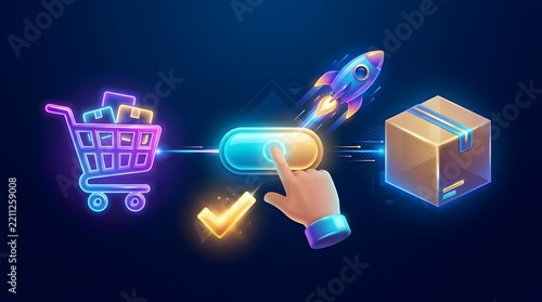Neon shopping cart and parcel box with rocket launch button for fast e-commerce delivery digital illustration