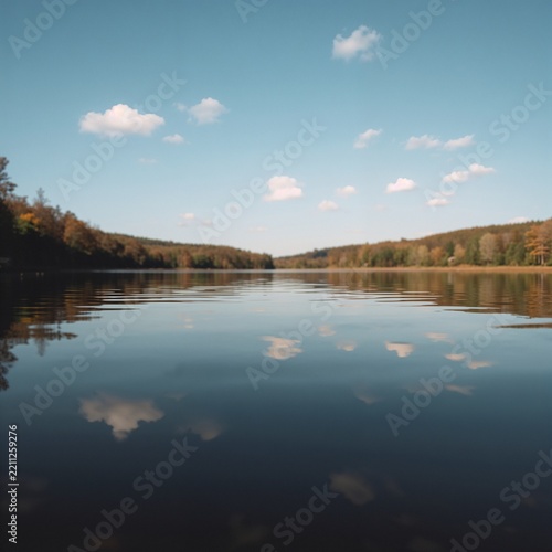 Serene lake landscape with autumn forest reflection for nature-themed marketing