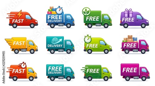 Set of colorful delivery truck icons for fast shipping and logistics services isolated on white background