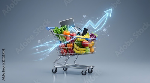 Shopping cart filled with fresh produce and digital devices with a rising financial growth arrow graphic