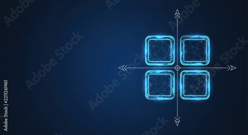 Four glowing digital nodes connected by geometric lines on a dark blue technological background with directional arrows