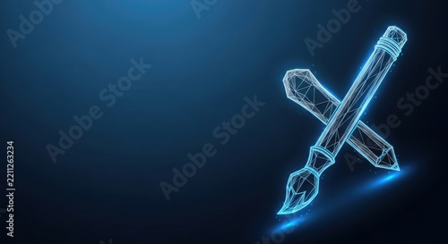 Digital Painting Brush Tool Rendered as Futuristic Wireframe on Dark Blue Background
