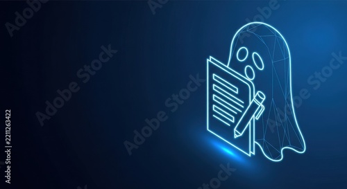 Ghostly figure writing on document with neon pen, digital concept