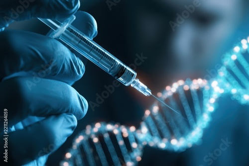 Hand in blue medical glove holding injection syringe with DNA helix concept. Scientific and medical scene representing biotechnology, genetics, and healthcare innovation.