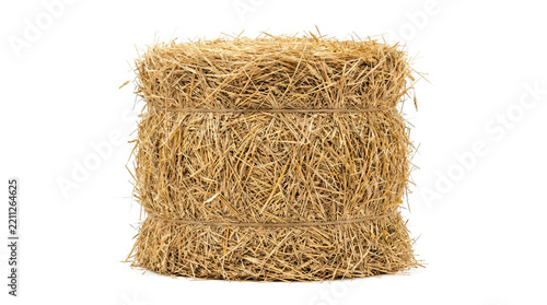 Round hay bale bundle made from dry golden straw on transparent background