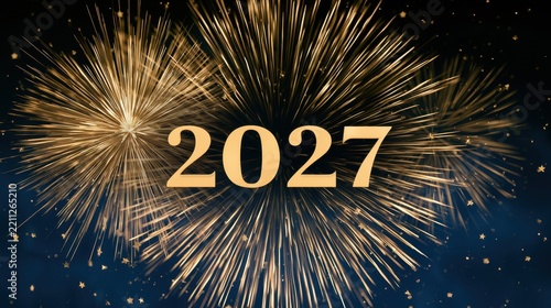 Elegant new year 2027 celebration graphic with golden fireworks and festive typography.
