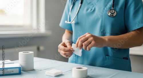 Faceless nurse in blue scrubs meticulously preparing sterile gauze and medical supplies for patient care in a clinical setting.