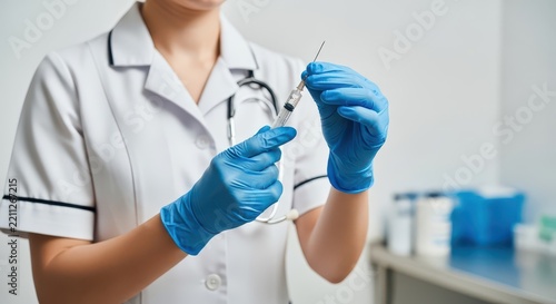 Faceless nurse preparing syringe for medical injection, symbolizing healthcare procedures and patient care