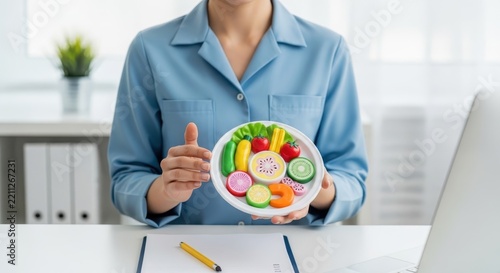 Faceless Nutritionist Presents a Colorful Plate of Fruits and Vegetables Offering Healthy Eating Guidance